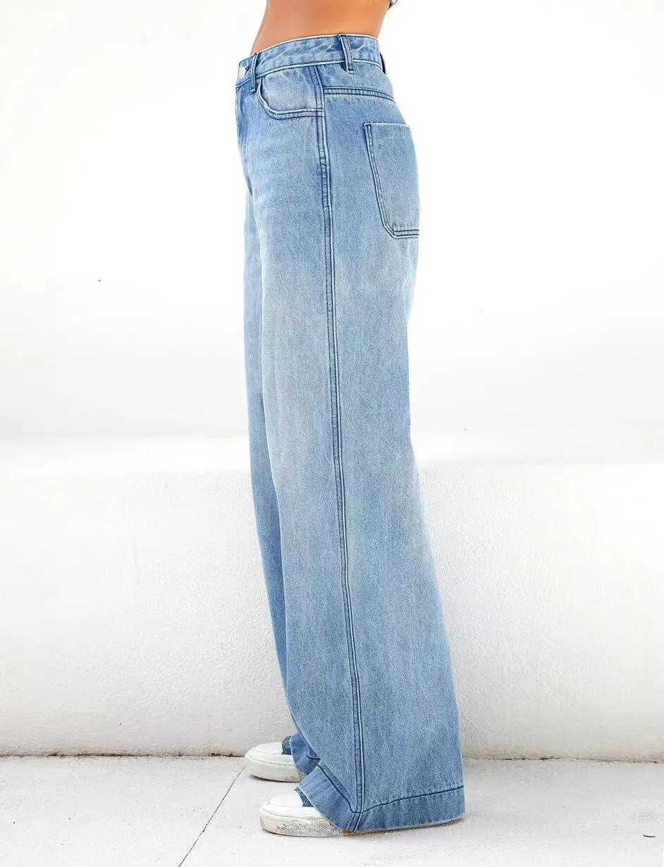 Women Wide Legged Loose Fitting Jeans with Pockets