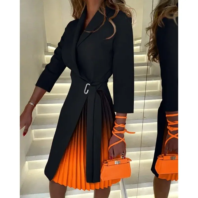 Women's Dresses Pleat Turn-down Collar Colorblock Elegant Chic Lace-up Long Sleeve Dress Fashion Slim Tie Dye Print Dresses