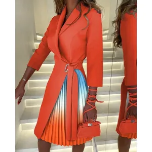 Women's Dresses Pleat Turn-down Collar Colorblock Elegant Chic Lace-up Long Sleeve Dress Fashion Slim Tie Dye Print Dresses