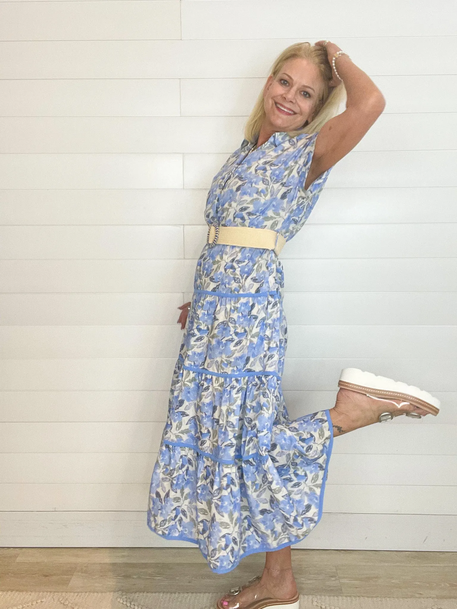 Woven Floral Print Collared Split Neckline Midi Dress