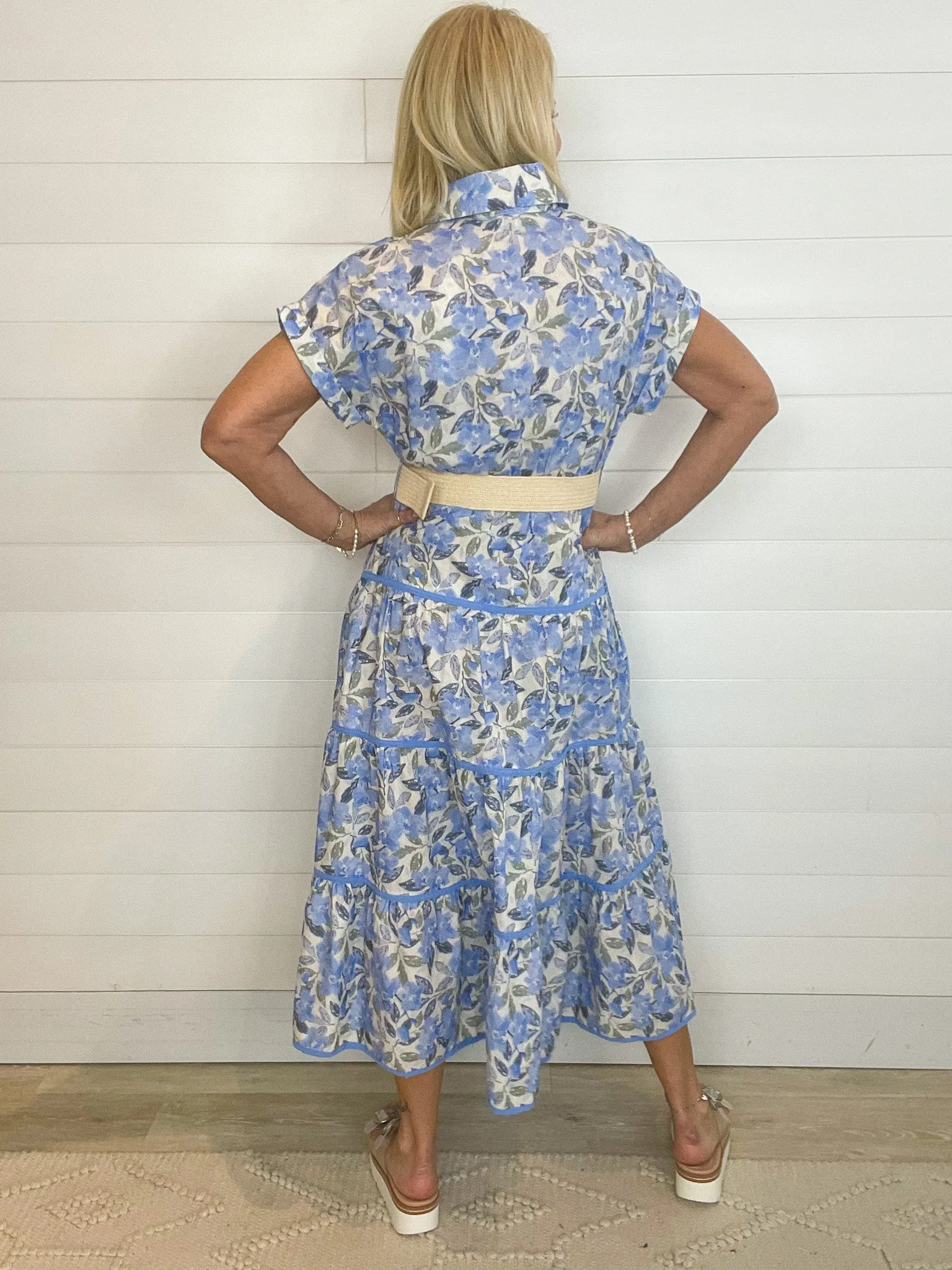 Woven Floral Print Collared Split Neckline Midi Dress