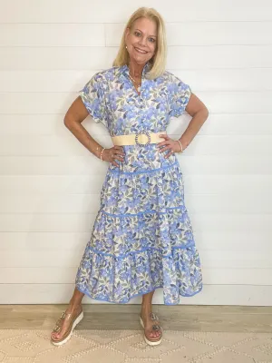 Woven Floral Print Collared Split Neckline Midi Dress