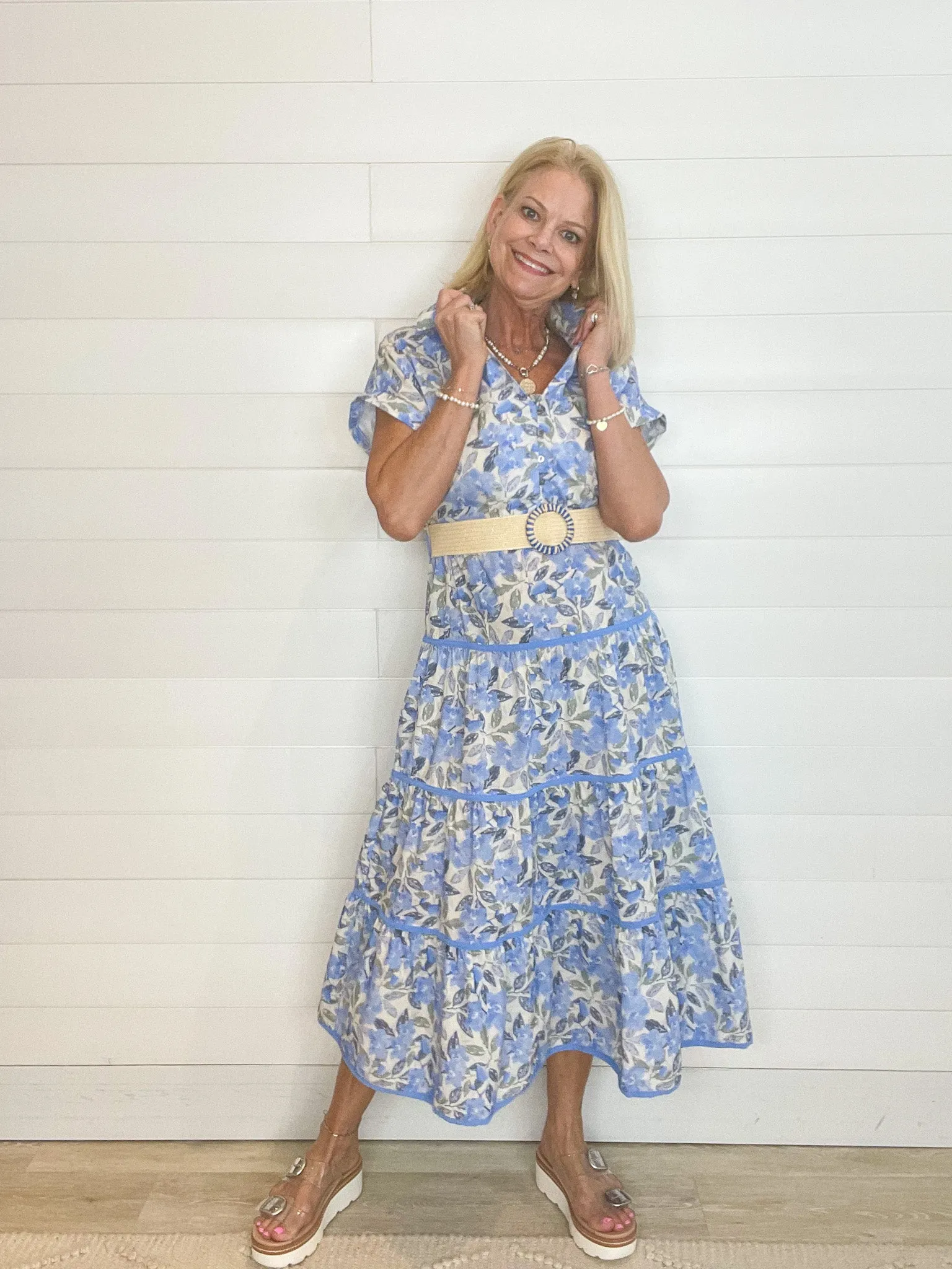 Woven Floral Print Collared Split Neckline Midi Dress