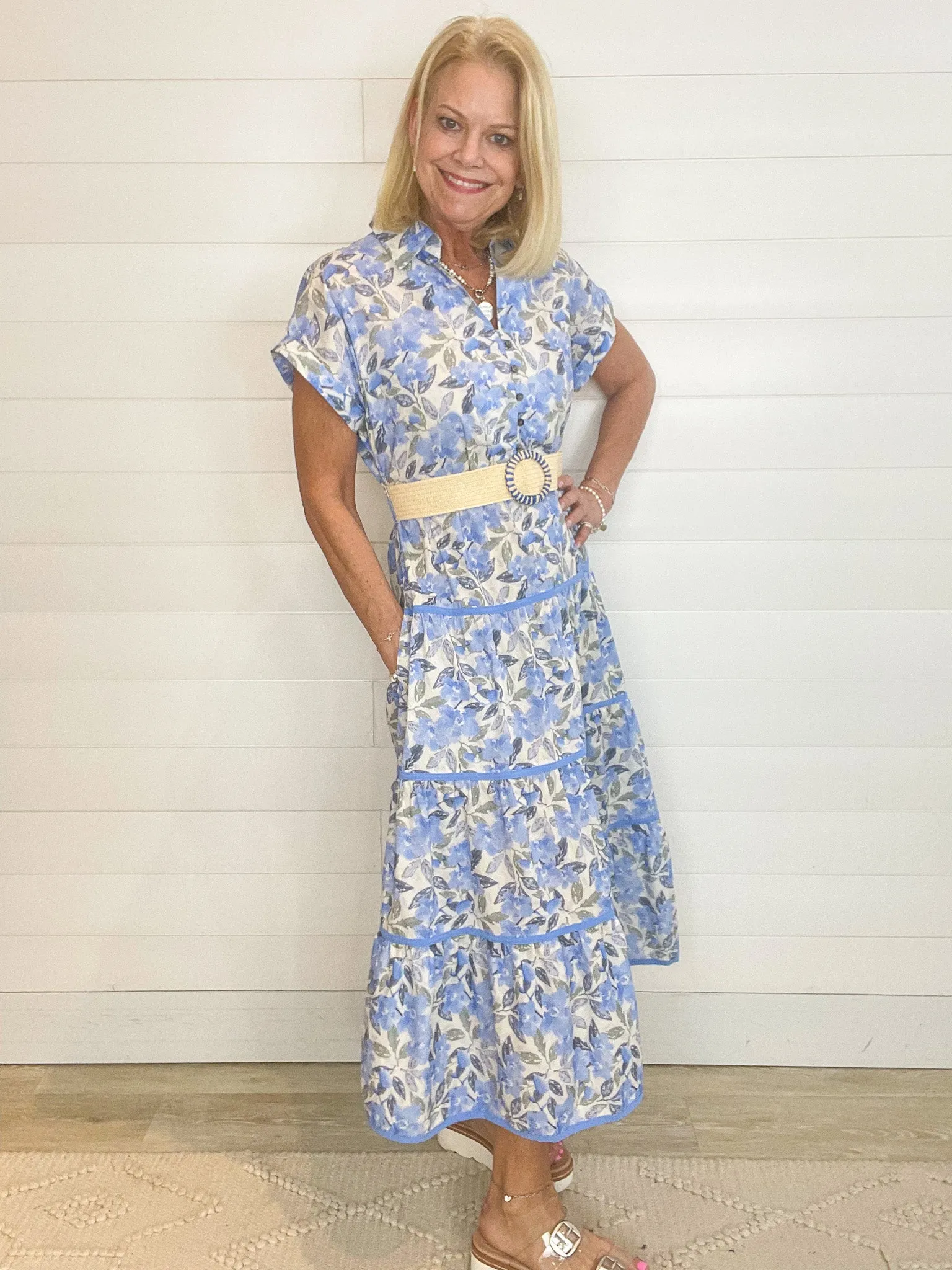 Woven Floral Print Collared Split Neckline Midi Dress