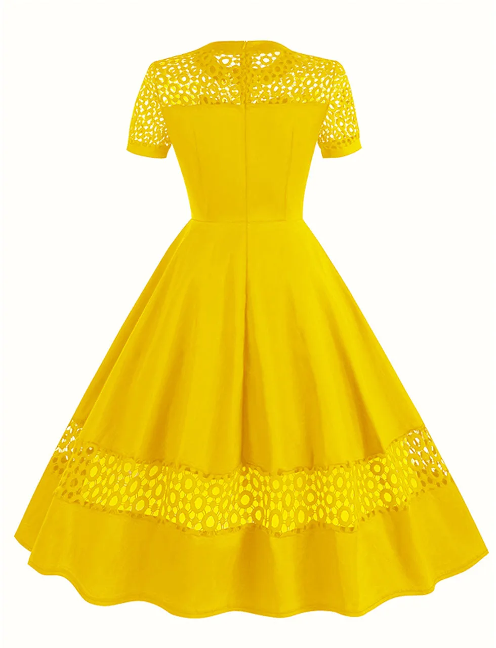Yellow Semi Mesh Lace Short Sleeve 50S Swing Dress