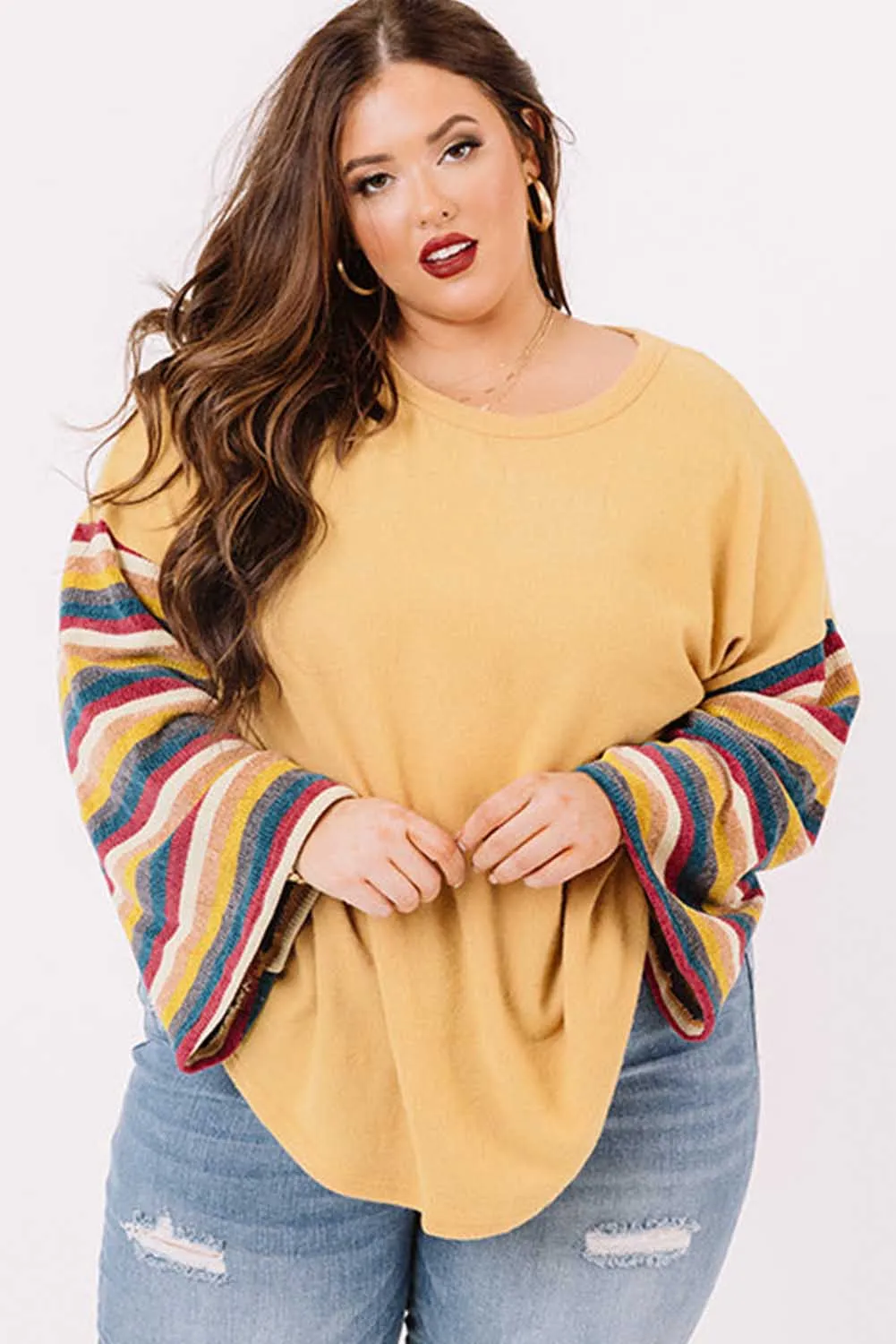 Yellow Serape Striped Bell Sleeve Plus Size Top