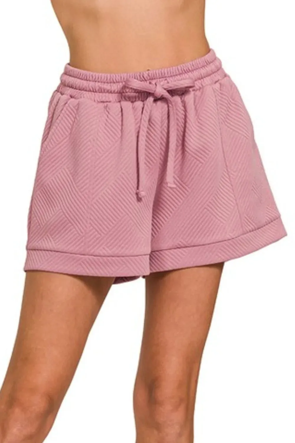 Zenana Textured Knit Jacquard Drawstring Shorts